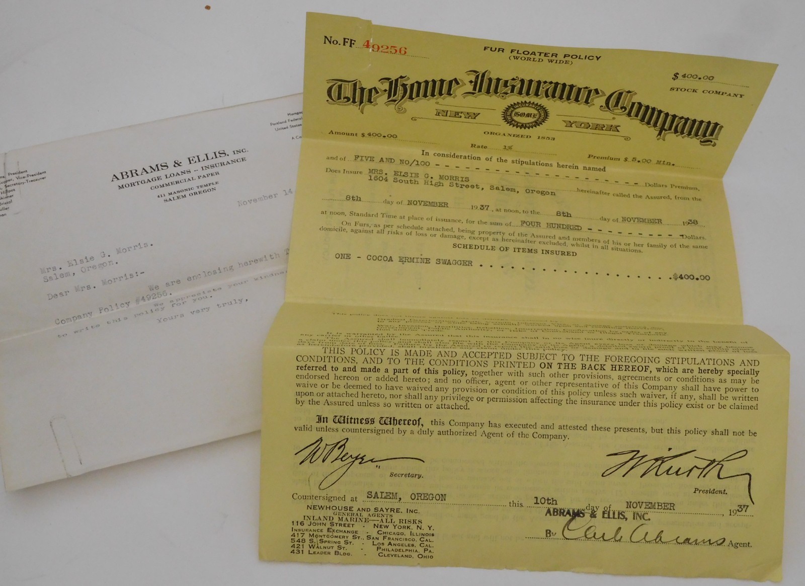1937 Home Insurance Fur Floater Policy & Letter Vintage New York Ephemera