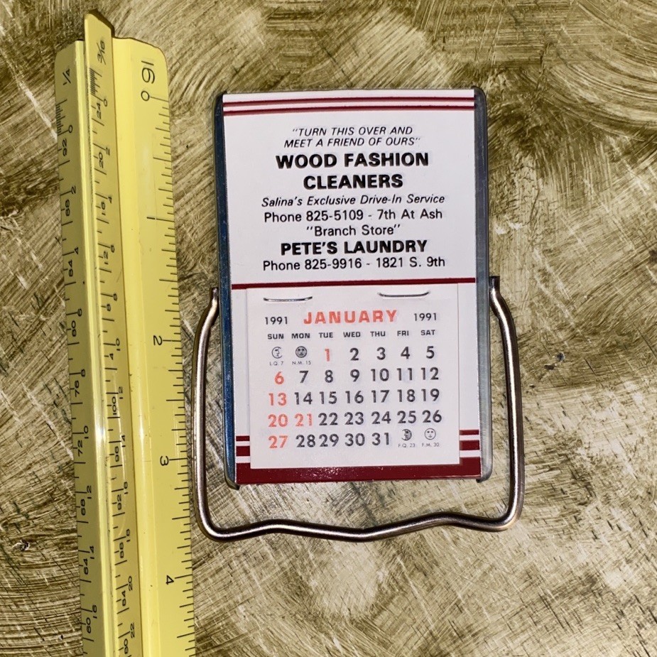 Vintage Wood Fashion Cleaners Mini Standing 1991 Advertising Calendar + Mirror