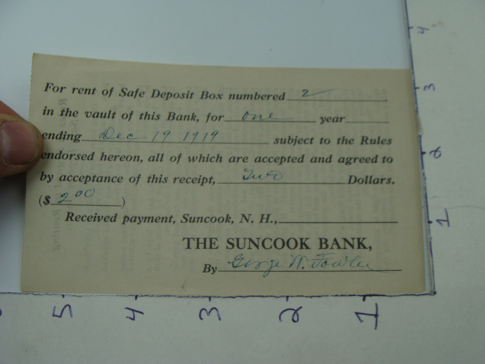 orig SUNCOOK NH paper — 1919 SUNCOOK BANK safe deposit box receipt 1919
