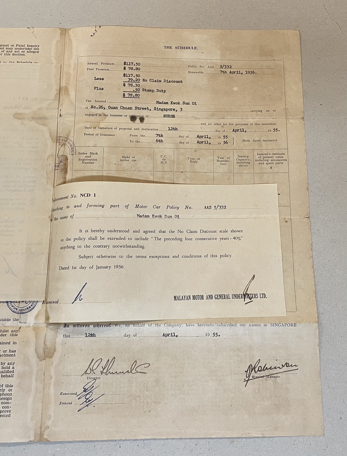 1956 Malayan Motor And General Underwriters Ltd Motor Insurance policy document
