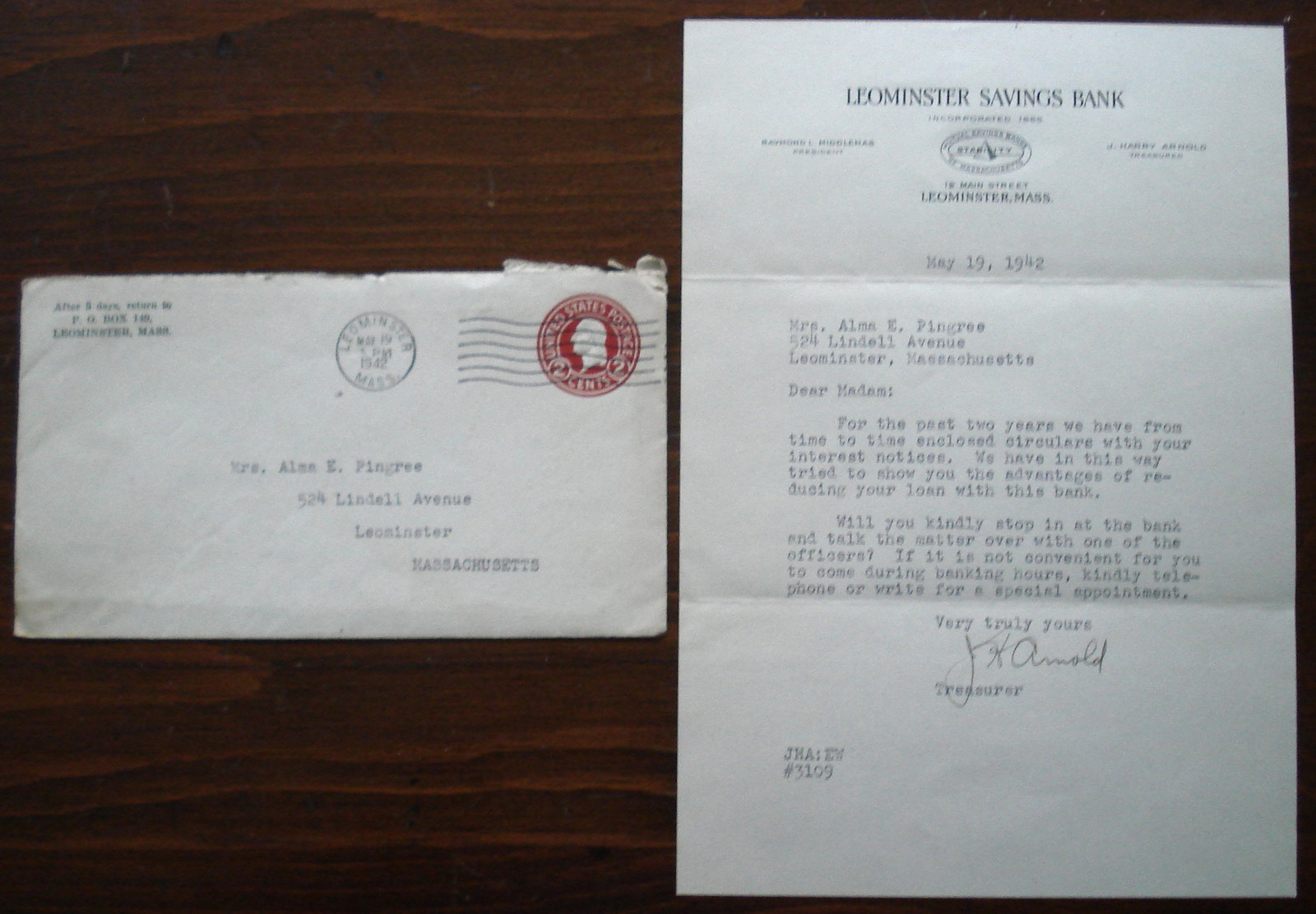 1942 BUSINESS COVER & LETTER, LEOMINSTER SAVINGS BANK , LEOMINSTER, MA (U429)