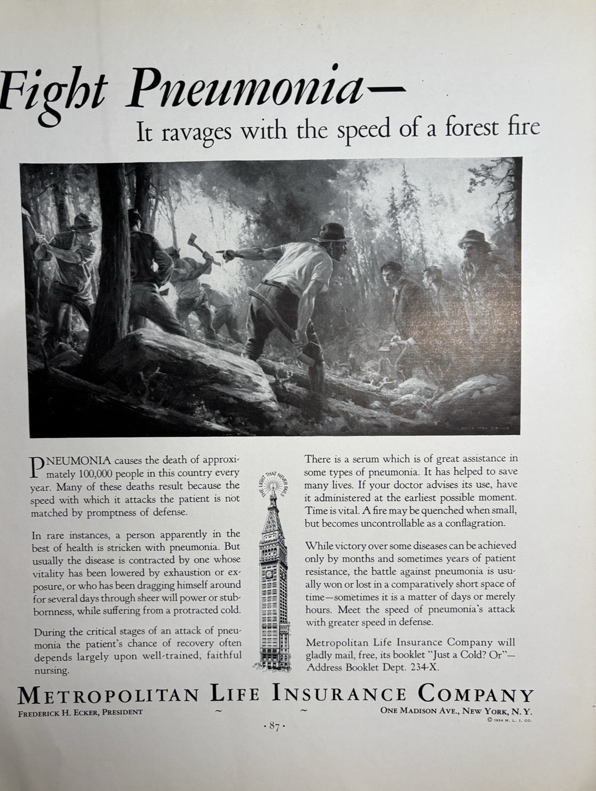 1934 Metropolitan Life Insurance Company Fight Pneumonia Disease VTG Print Ad