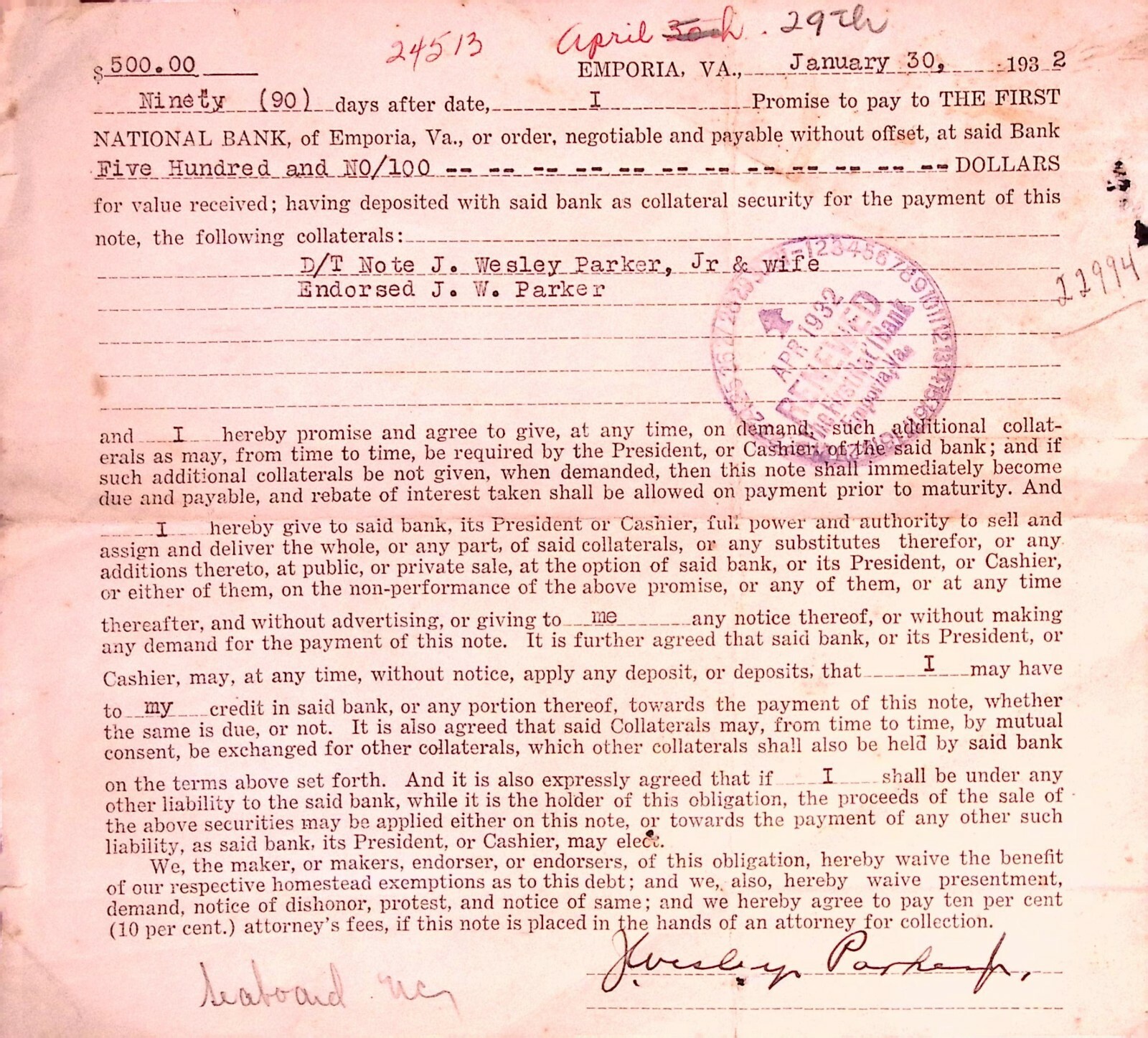 1932 First National Bank Emporia VA Promissory Note Loan Document Paid