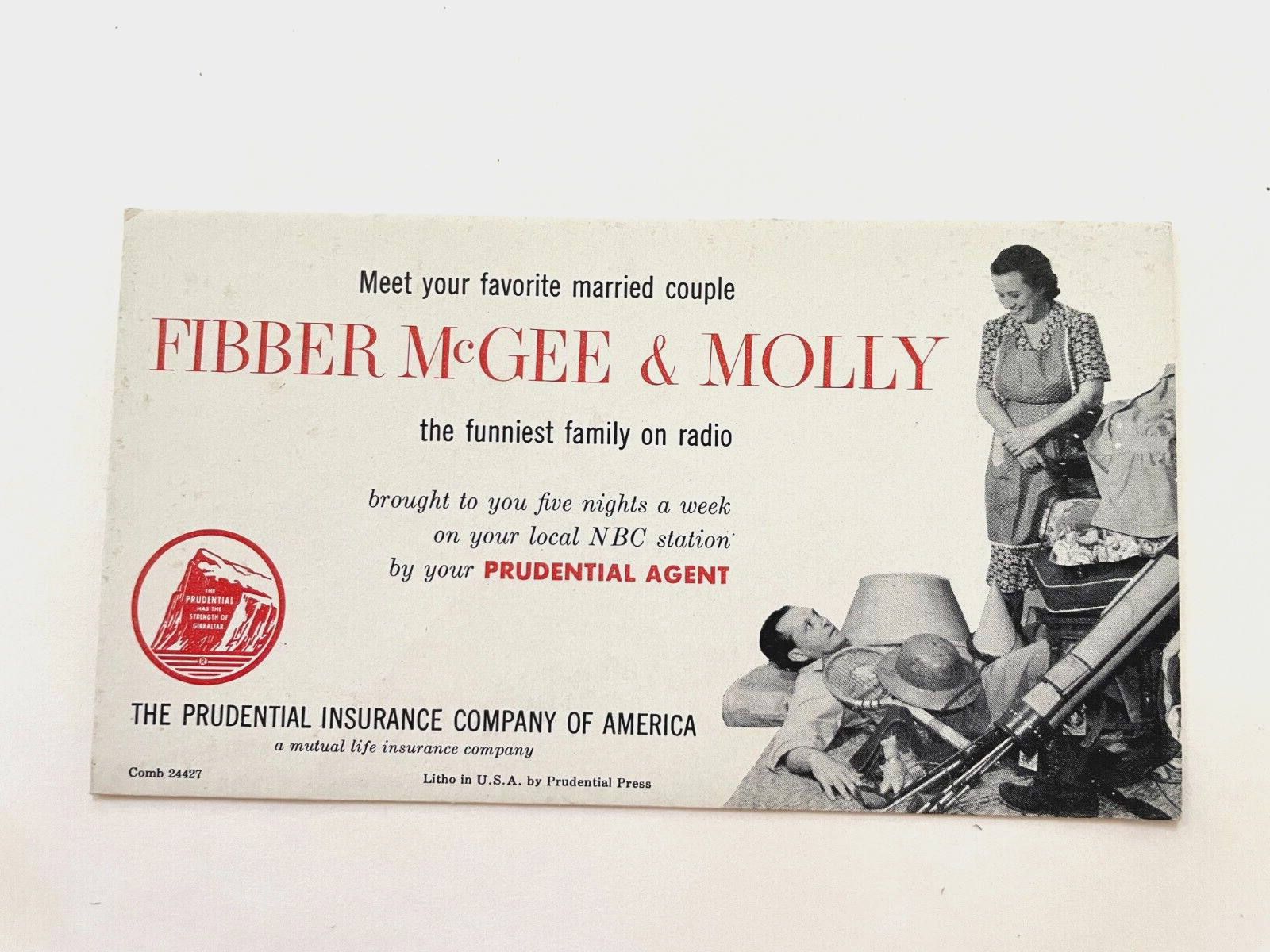 1935–1959 Advertising Card for “Fibber McGee & Molly” Sponsored by “Prudential”*