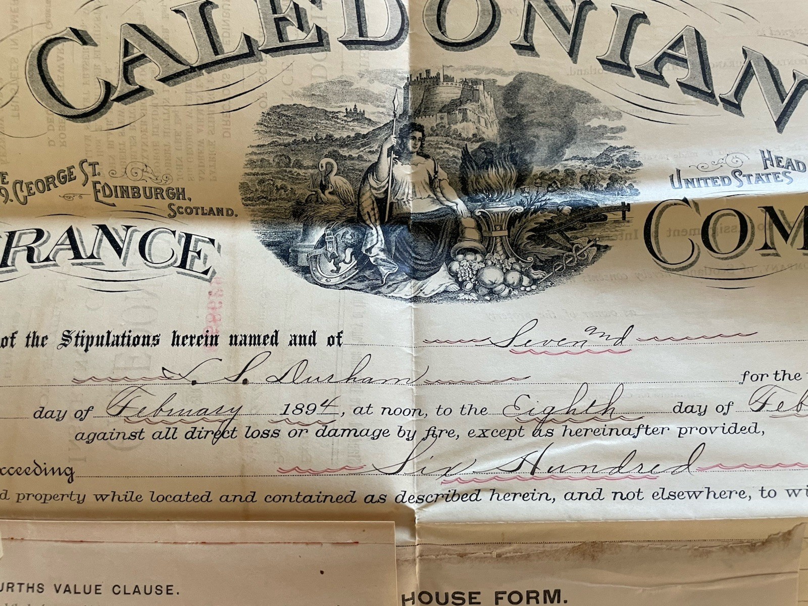 Antique 1894 Caledonian Insurance Co Of Scotland Signed By Agent Policy