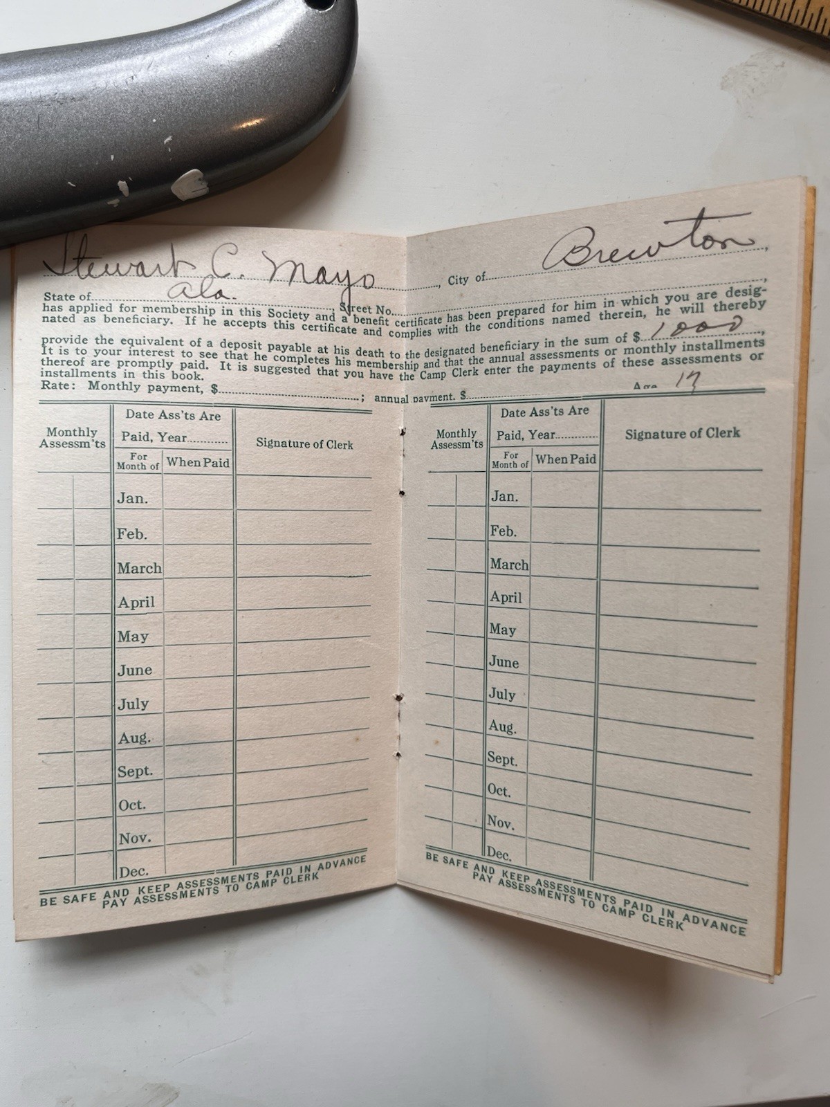 1925 Woodman of the World Sovereign Camp Deposit Booklet Camp 30 Alabama