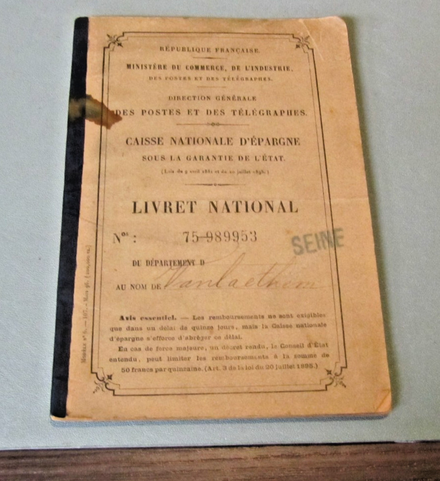 1897 French National Savings Bank Book Deposits in Paris and St. Malo Antique