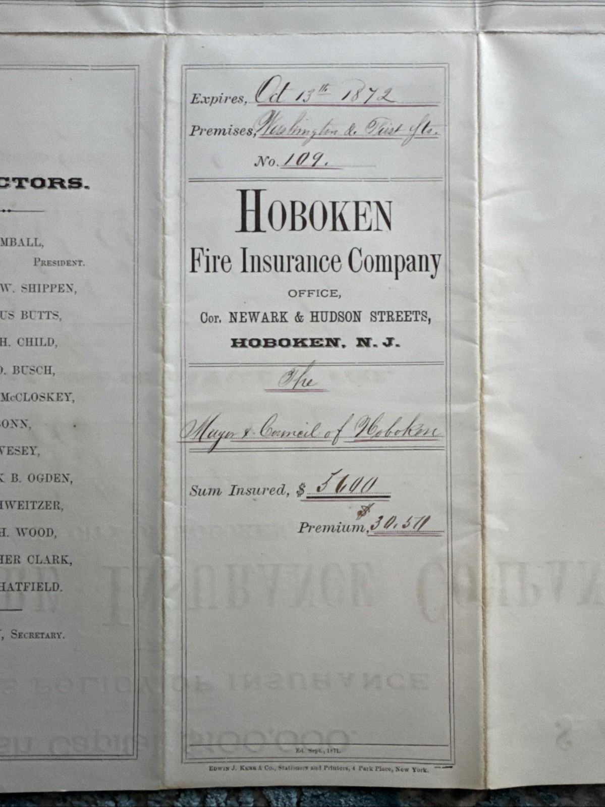 Vintage Hoboken Fire Insurance Co Policy 1872 Ephemera