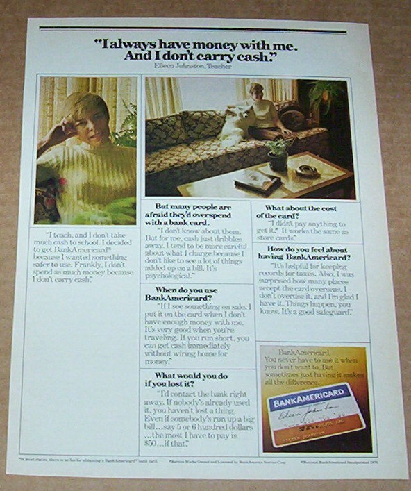 1975 print ad page – BankAmericard bank americard credit card EILEEN JOHNSTON