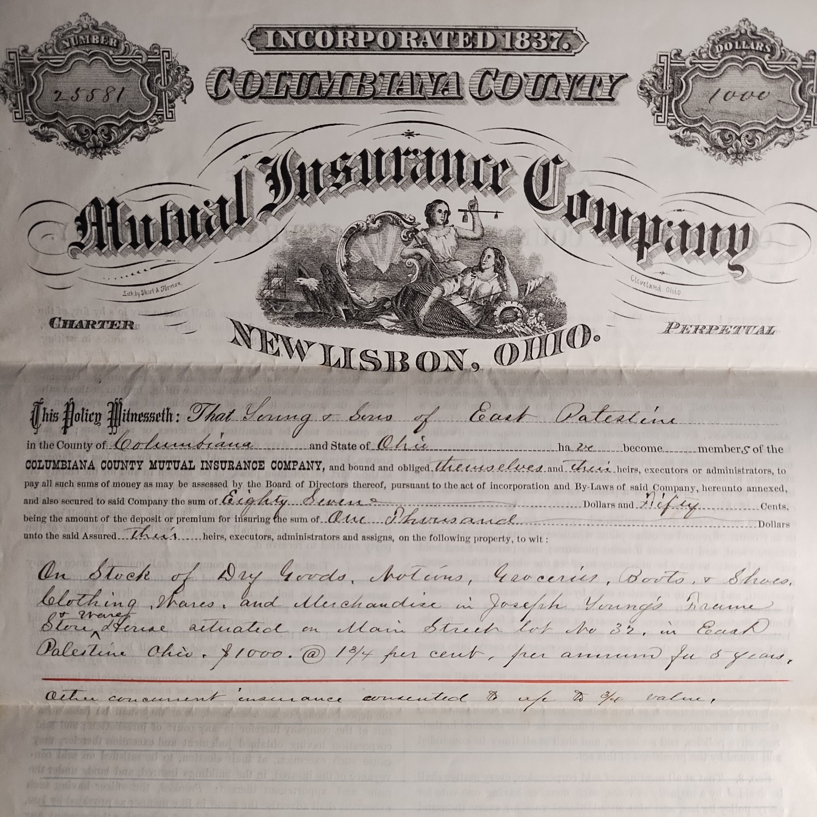 1879 Mutual Insurance Co Policy East Palestine OH Store Illustrated B1-102