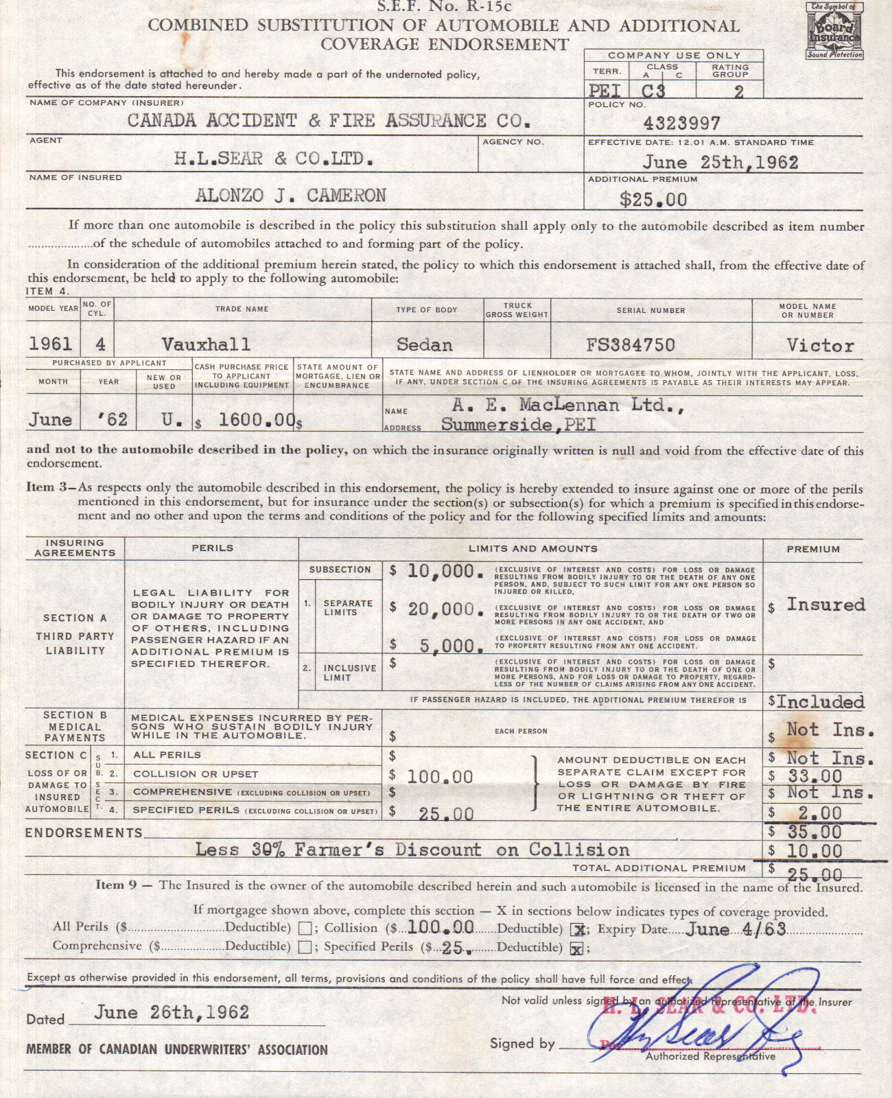 1962 H.L. Sear Insurance Ltd Co. Canada Accident & Fire Plan Assurance Co Policy