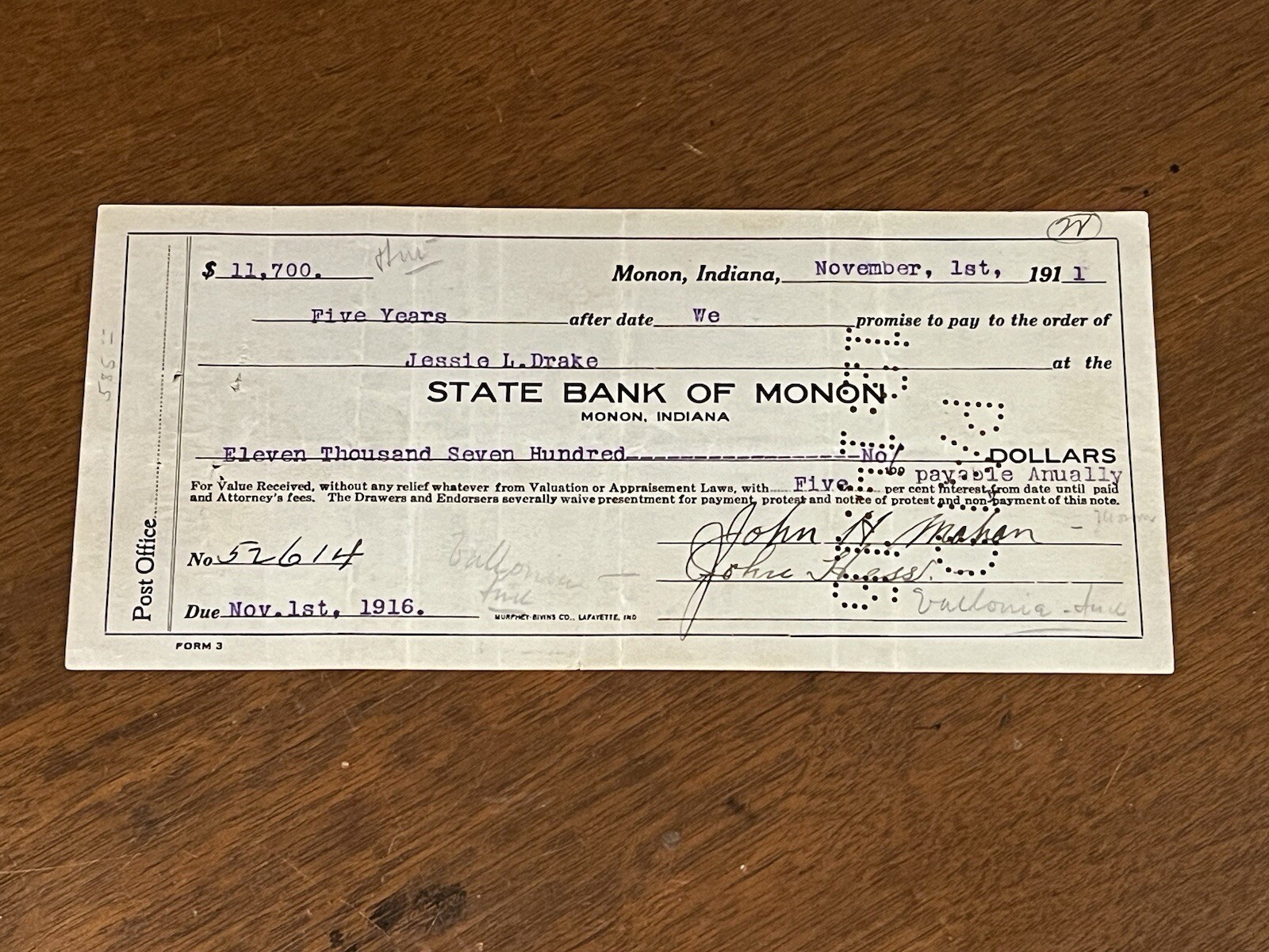 2 Antique Promissory Notes IOU 1911 State Bank of Monon IN – $5,000 & $11,700