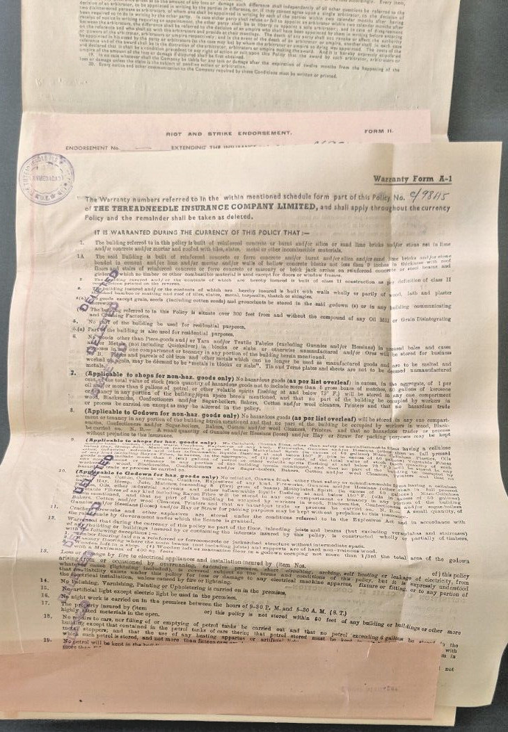 1963 THREADNEEDLE INSURANCE CO fire Policy document with cover vignette stamp