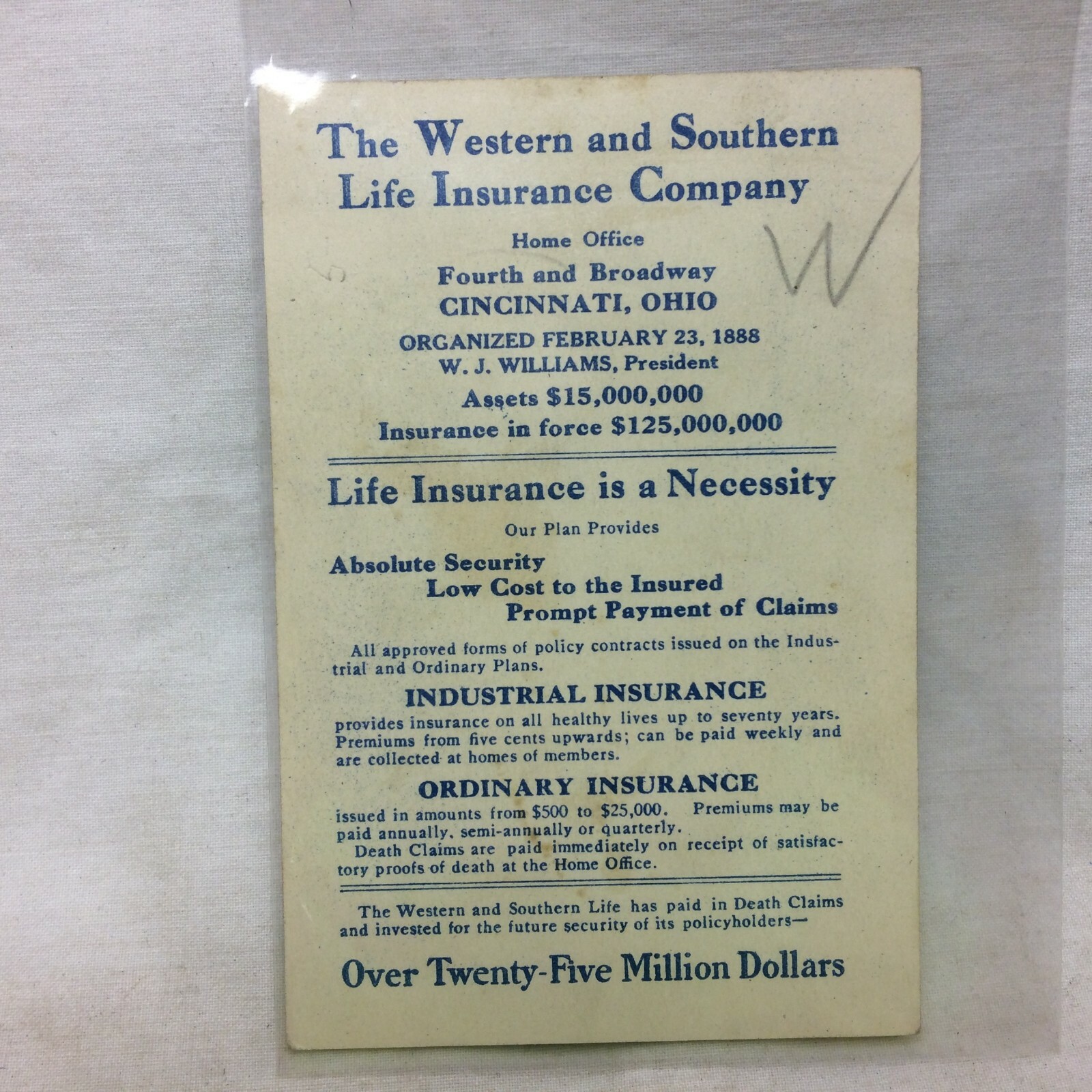 Vintage Trade Card Advertising The Western & Southern Life Insurance Co. Ohio