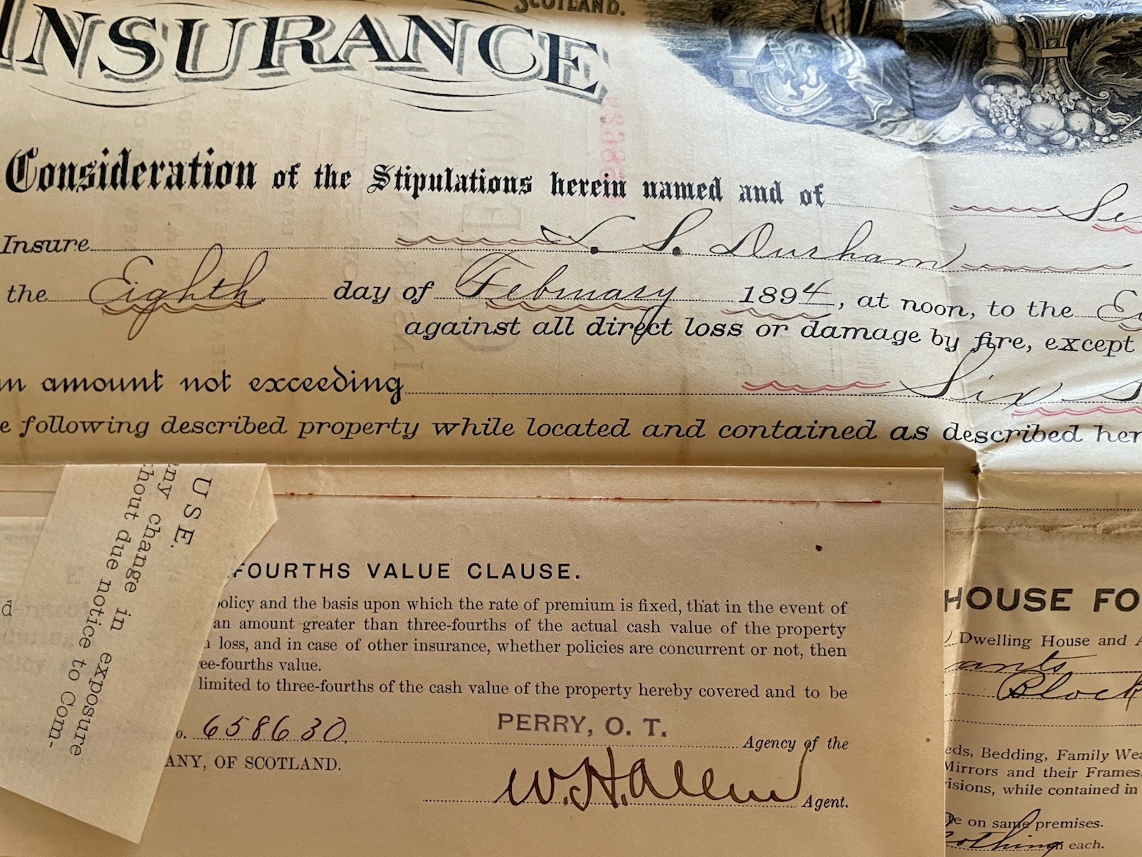 Antique 1894 Caledonian Insurance Co Of Scotland Signed By Agent Policy
