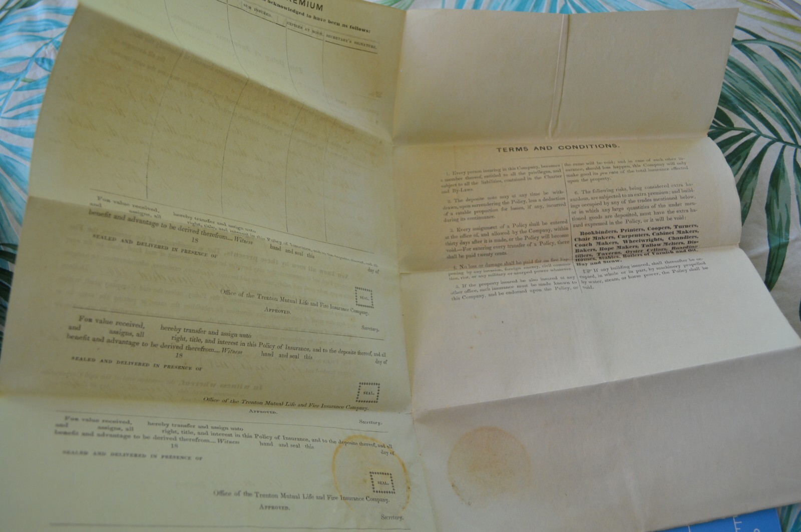 1850s NJ Trenton Mutual Life & Fire Insurance Company Document Related Ephemera