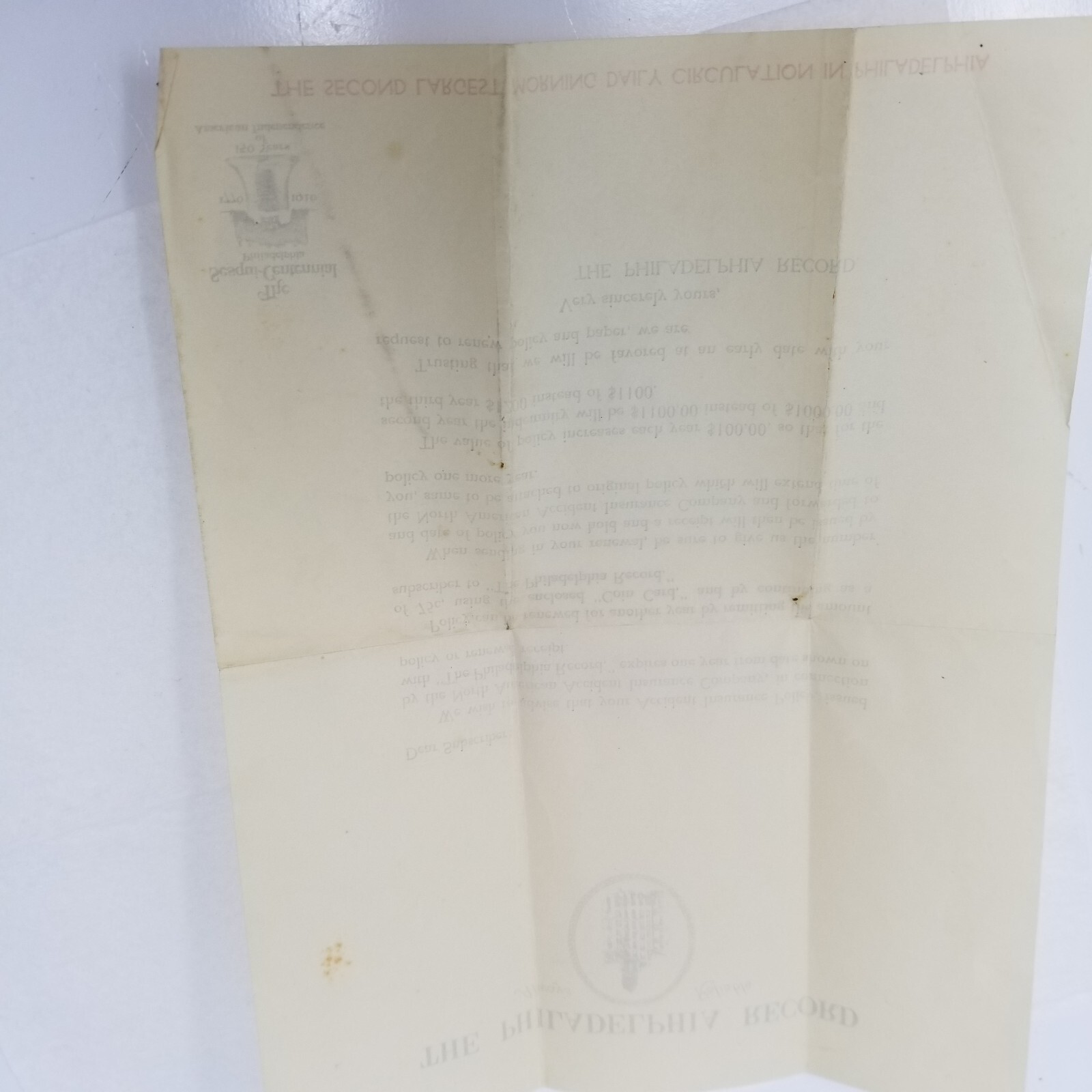 The Philadelphia Record Subscription Life Insurance Letter 1926