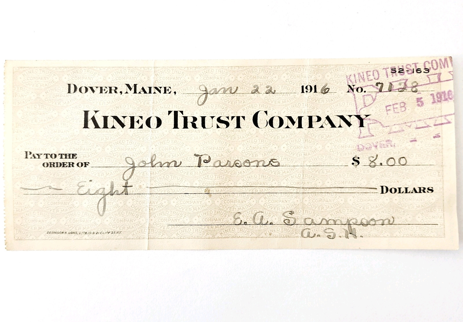 1916 Kineo Trust Company Bank Check E.A. Sampson Dover Maine Signed 7128 CHX4