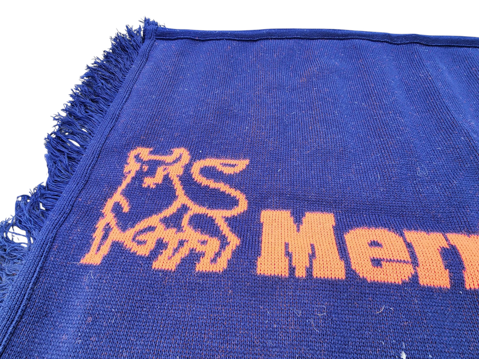 VTG Merrill Lynch Bull Banking Logo Knit Throw Acrylic Blanket Fringed Blue Red