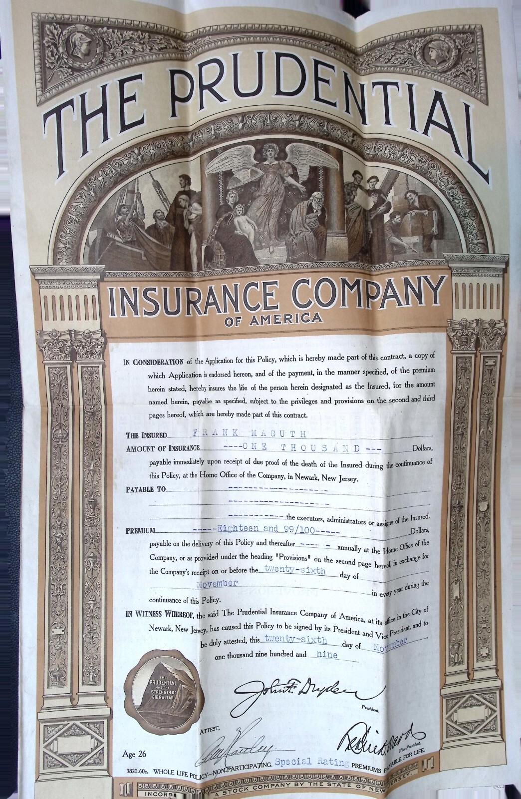 1909 Prudential Insurance Policy Document – Frank Maguth, Newark NJ, Vintage