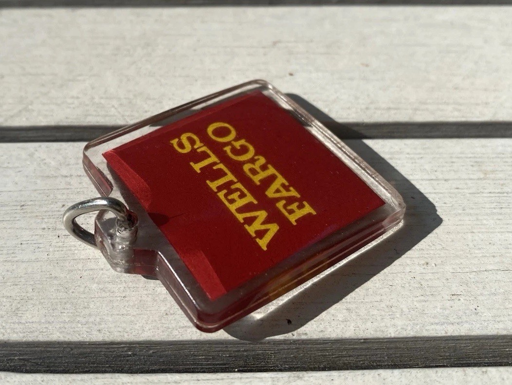 Vintage Wells Fargo Acrylic Keychain – Red & Gold Logo – Retro Bank Memorabilia