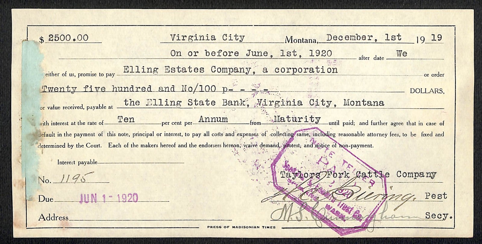Elling State Bank Virginia City, MT 1919 Promissory Note w/ Rev Stamp (#9)