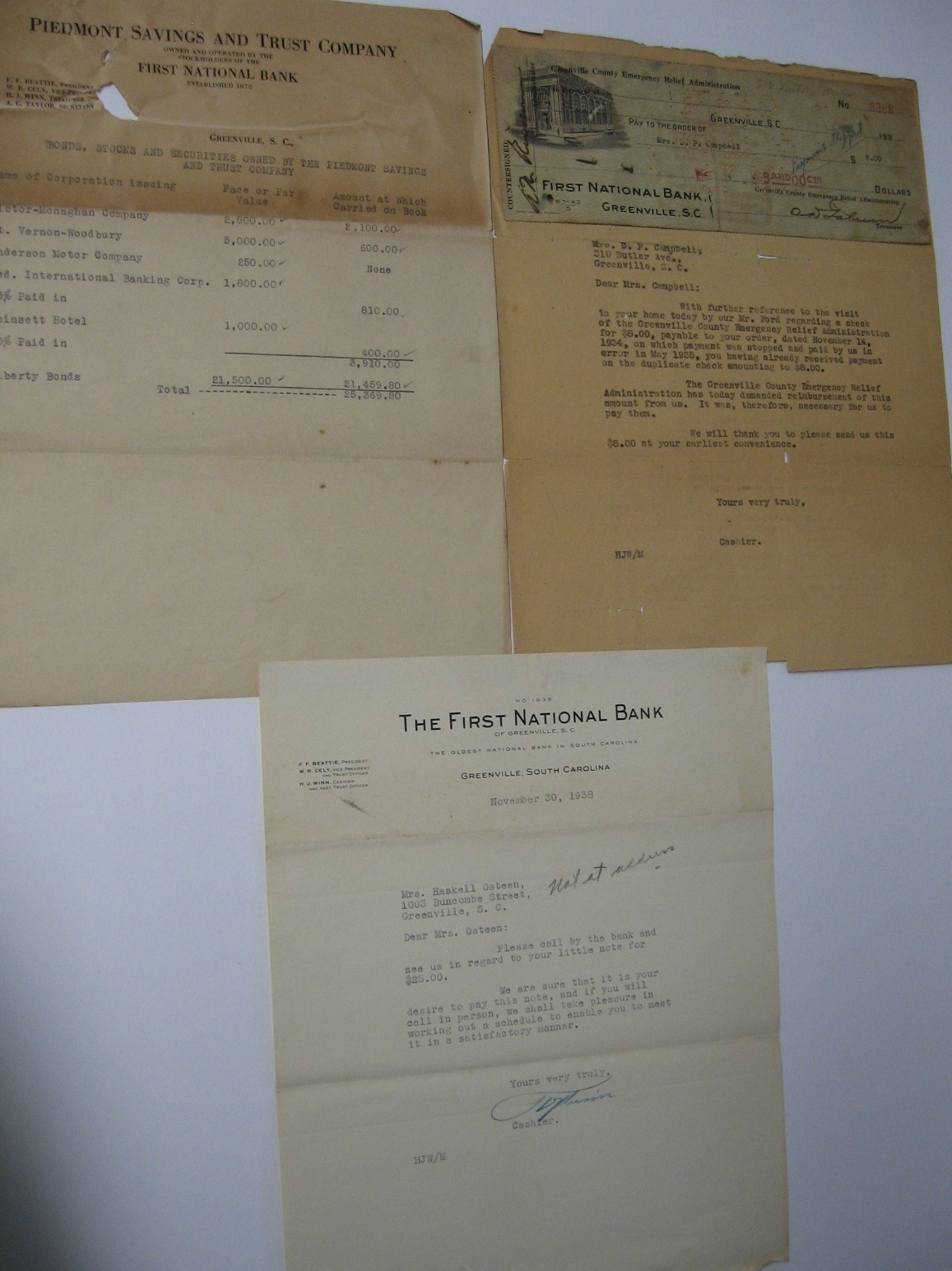 3- 1930’s Greenville SC 1st National Bank signed letters /Piedmont Savings/ Winn