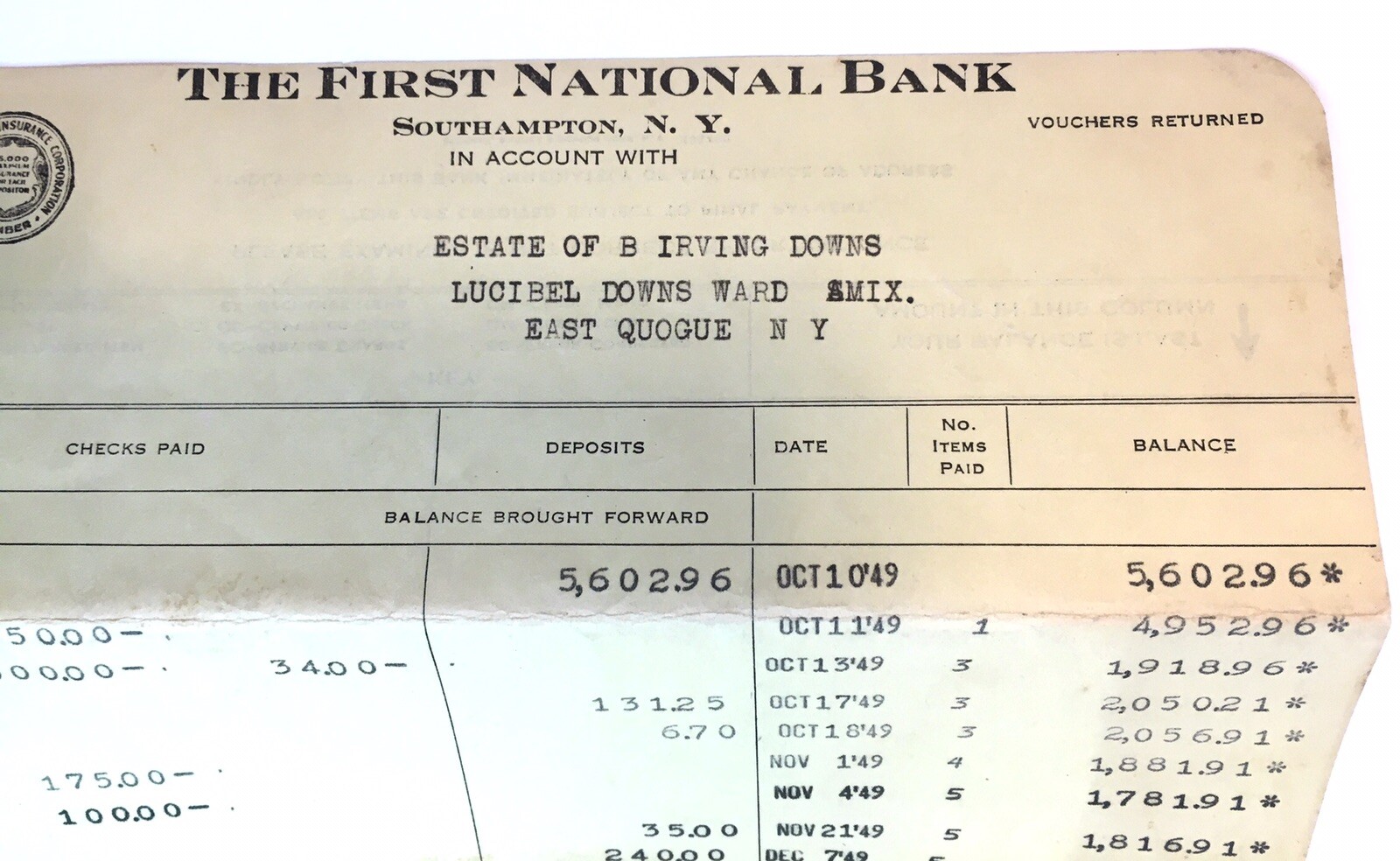 The First National Bank of Southhampton NY Estate Paperwork 1950 Irving Downs