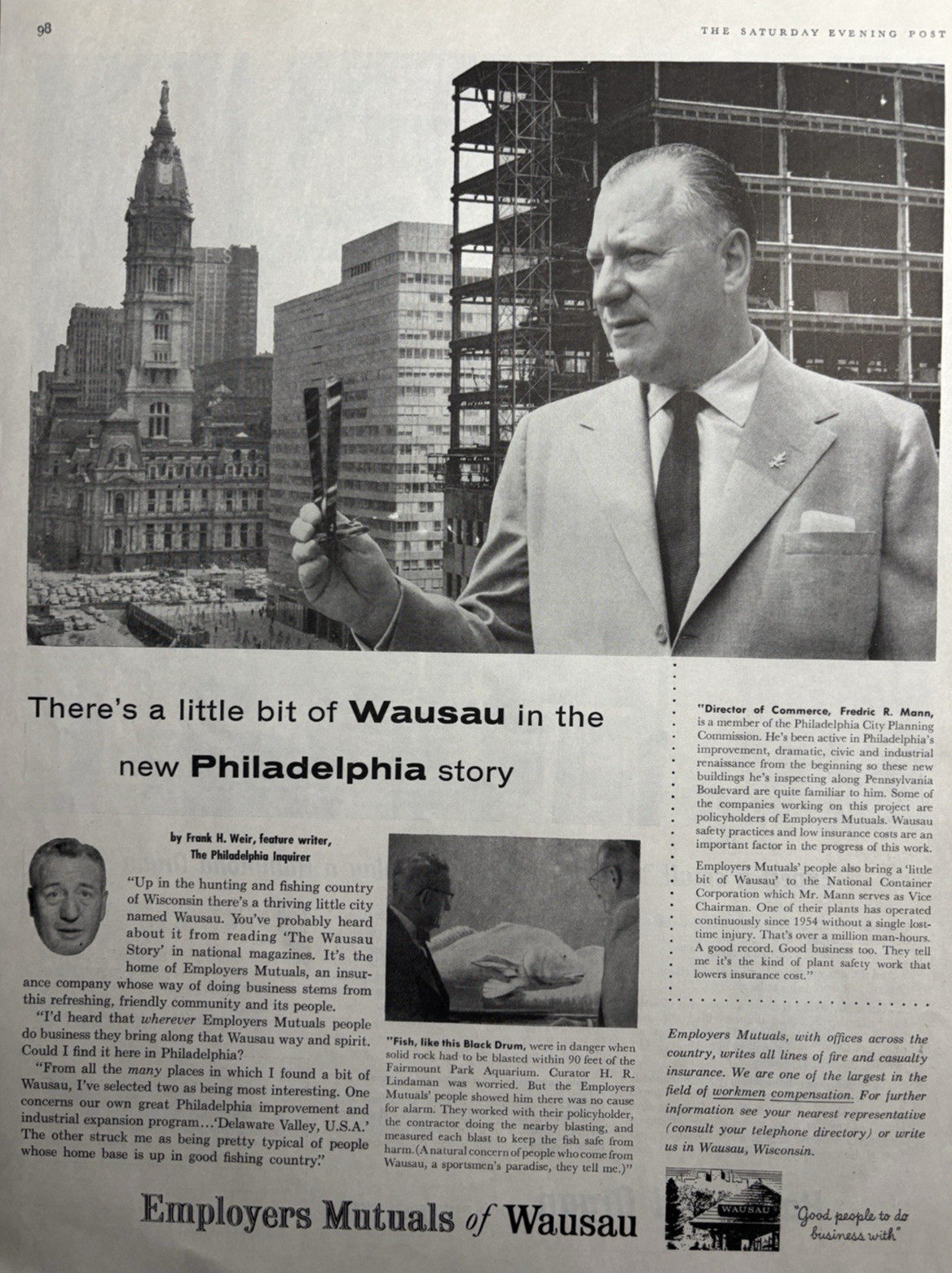 1956 Employers Mutuals Of Wausau Insurance Story Philadelphia Vintage Print Ad