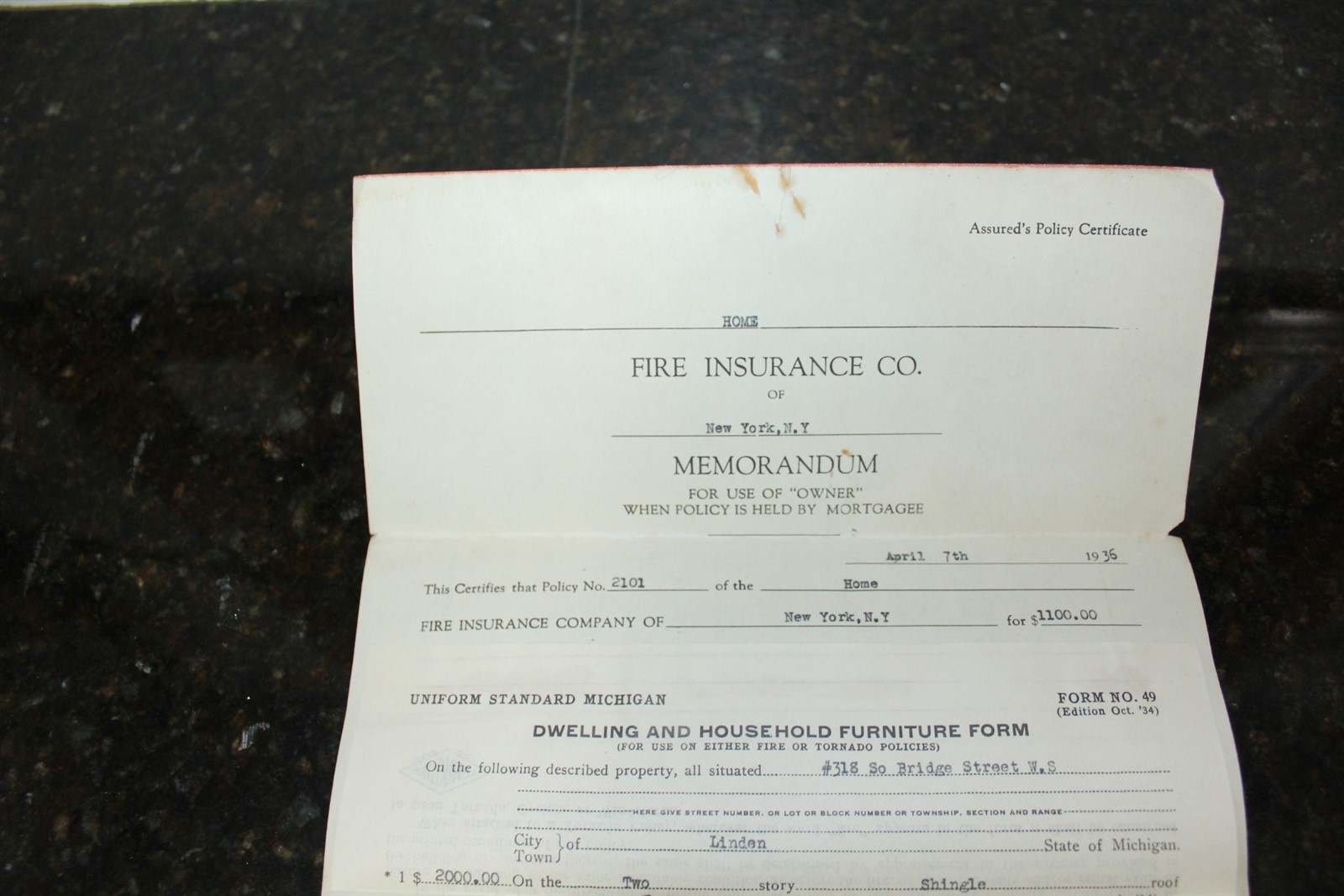 Vintage 1936 Insurance Policy Fire Insurance Co. Fenton, MI