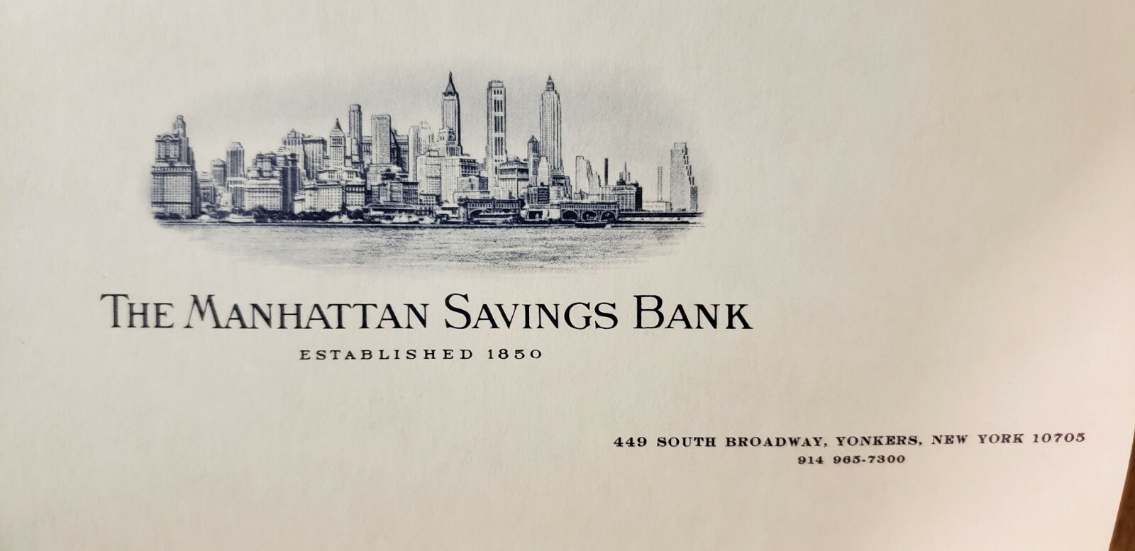 Manhattan Savings Bank Passbook/Bankbook Protector Sleeve w/Letterhead (1970s?)