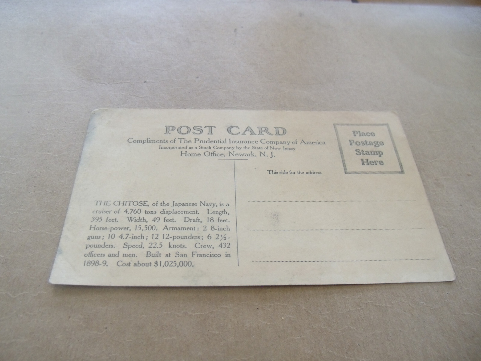 The Prudential Insurance Company rare postcard Japanese Cruiser Chitose.Newark