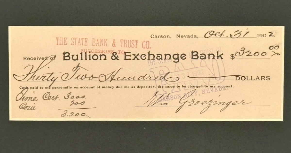 Antique 1902 Carson Nevada Bullion & Exchange Bank Framed Banking Ephemera