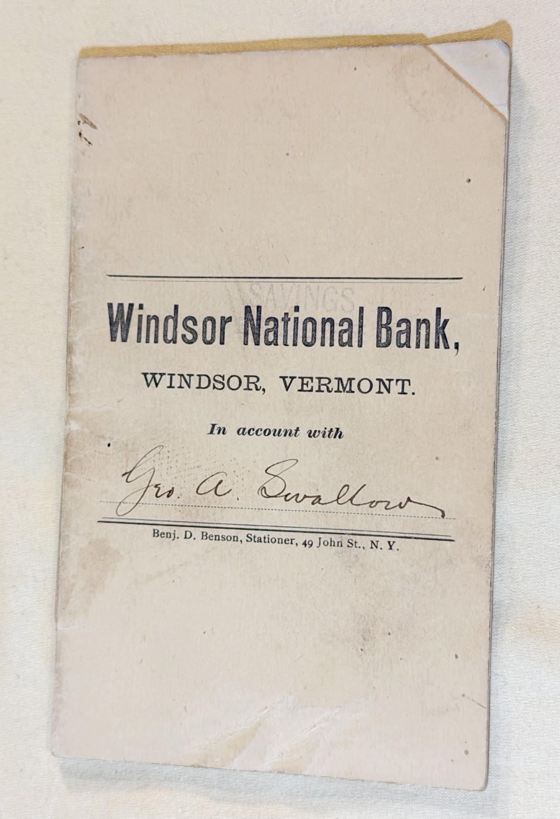 1890s Vermont Banking Windsor National Bank Passbook Geo. A. Swallow List