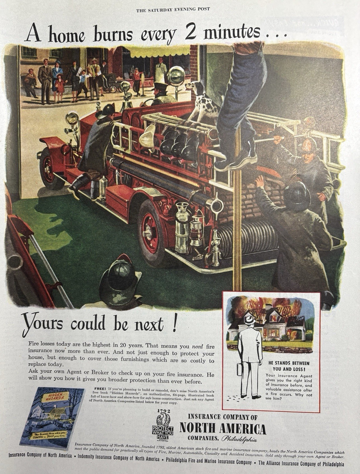 1947 Insurance Company North America Protect Home Burns Firemen VTG Print Ad