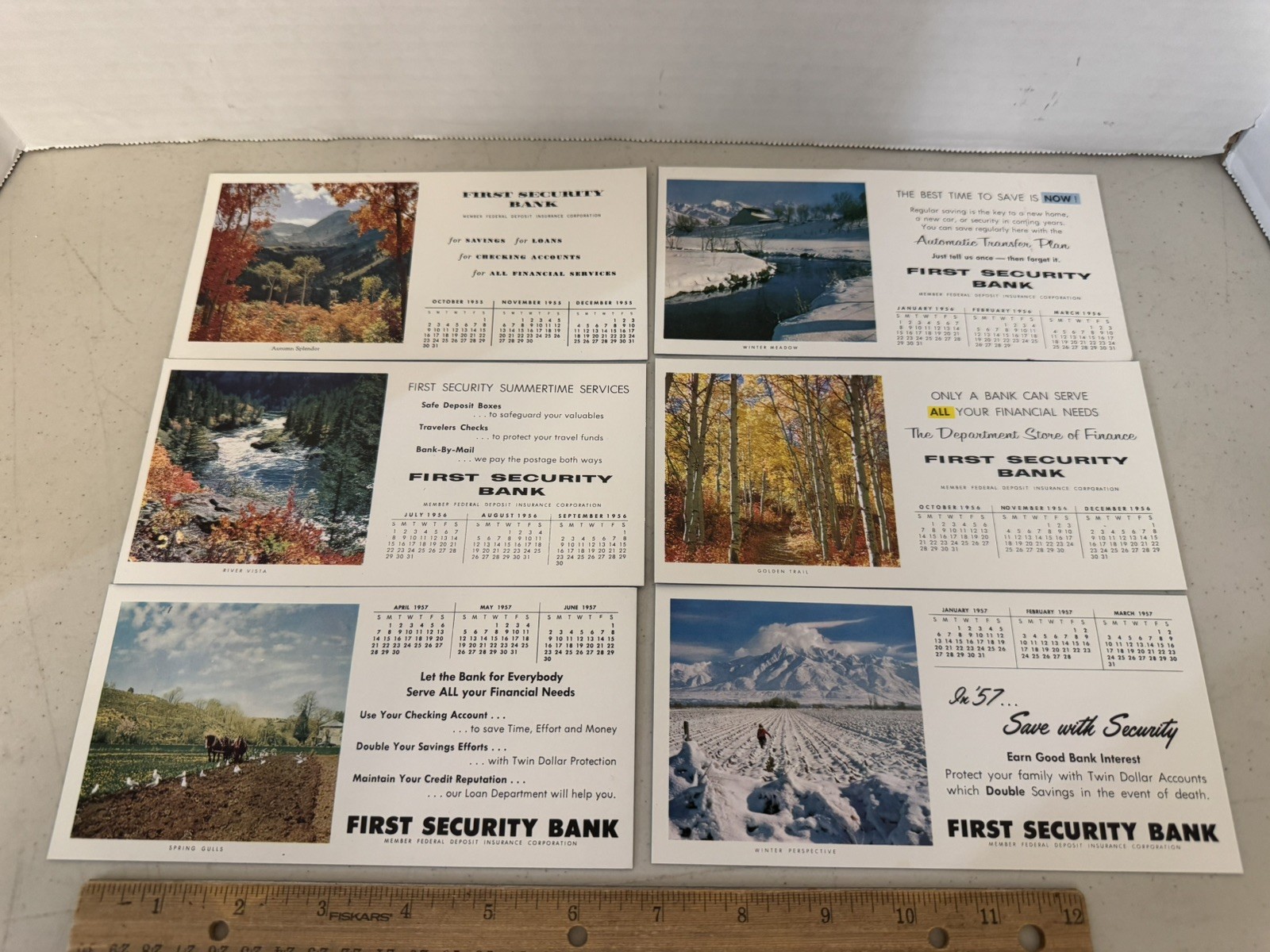 First Security Bank Vintage Calendar 7.25” X 3.5” Cards, Lot of 6, 1955, 56 & 57
