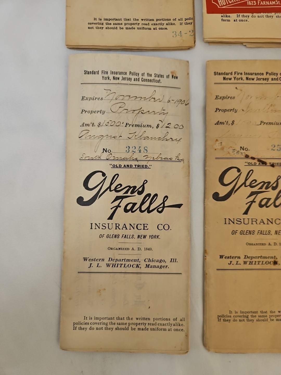 VTG Fire Insurance Policies 1900 Glens Falls Insurance Co. Ephemera (Lot Of 4)