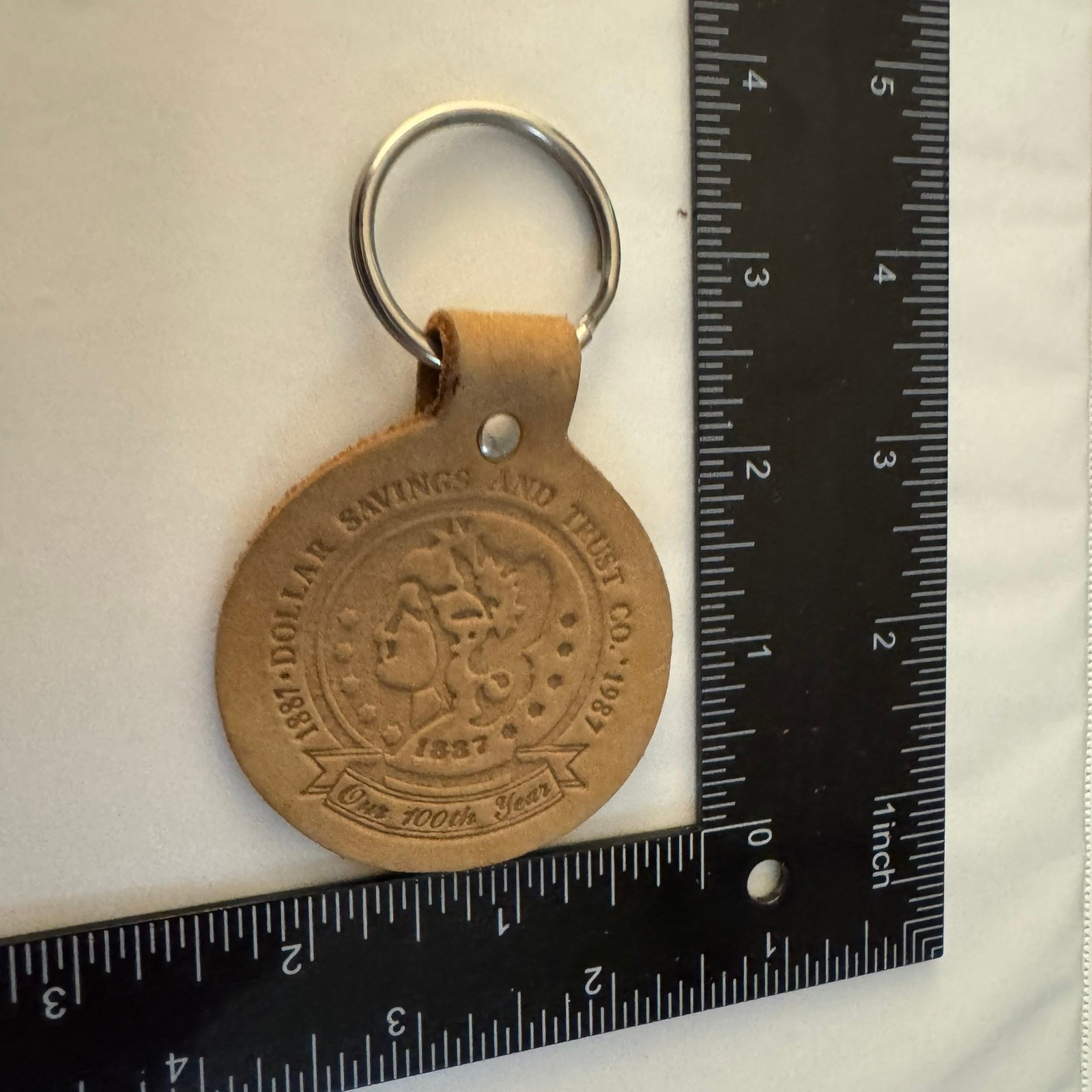 Vintage 1887-1987 Dollar Savings Trust Co Leather Keychain 100th Year