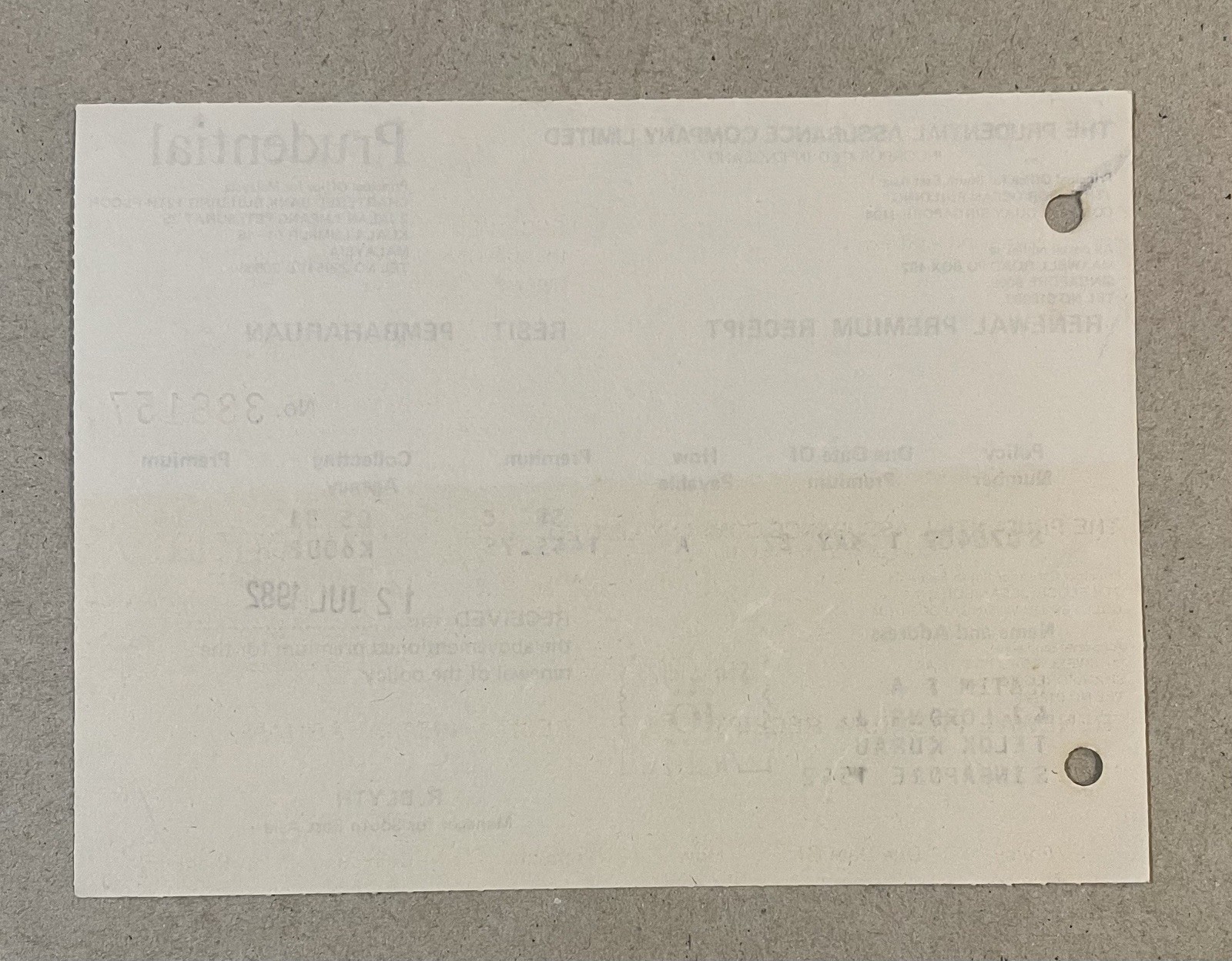 1982 Singapore The Prudential Assurance Co. insurance Renewal Premium receipt