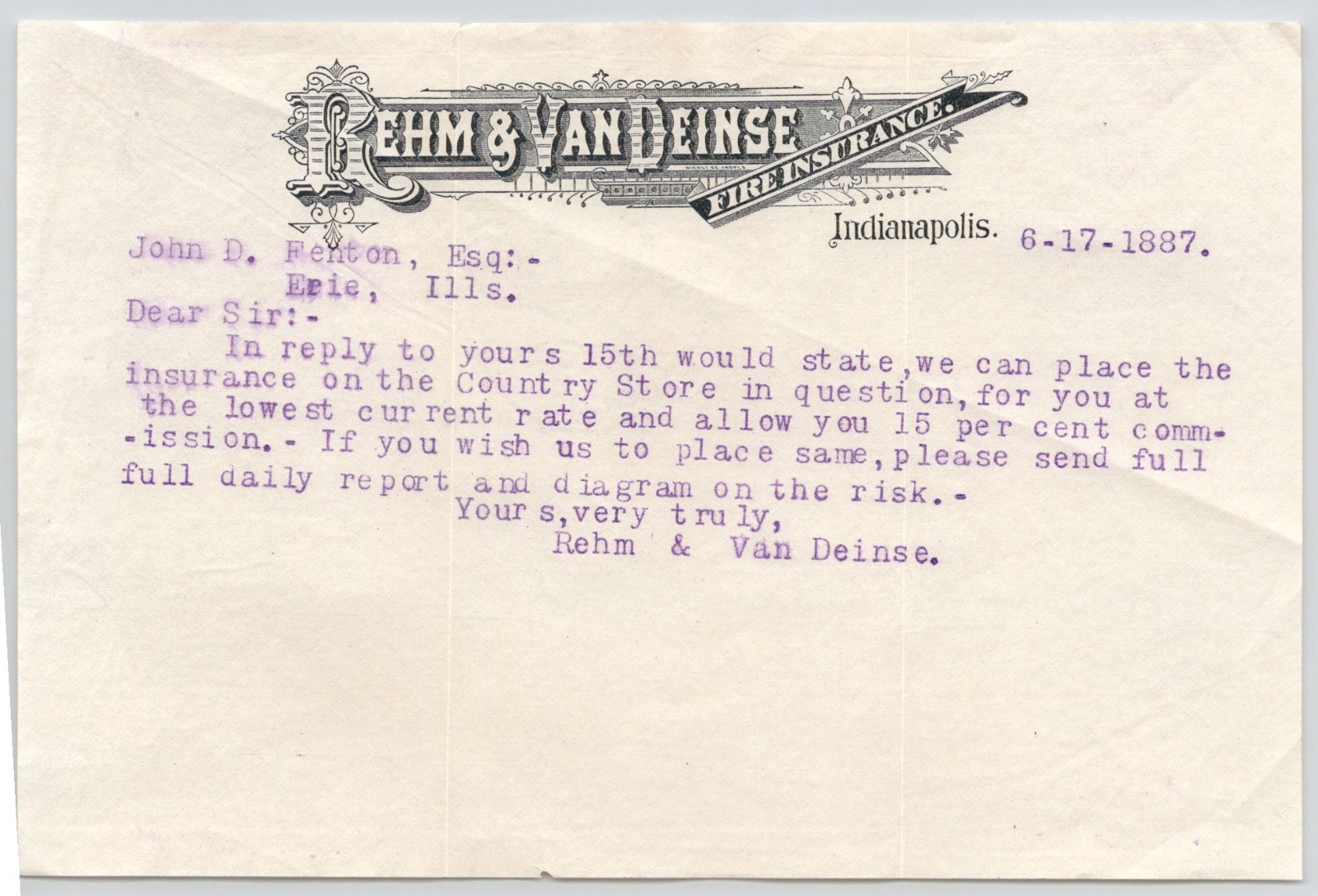 1887 Rhem & Deinse Fire insurance Indianapolis IN Billhead