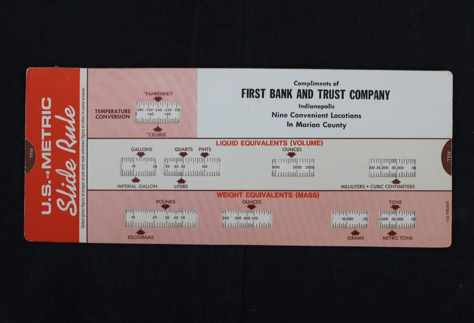 VINTAGE 1973 FIRST BANK & TRUST, INDIANAPOLIS, INDIANA U.S. / METRIC SLIDE RULE