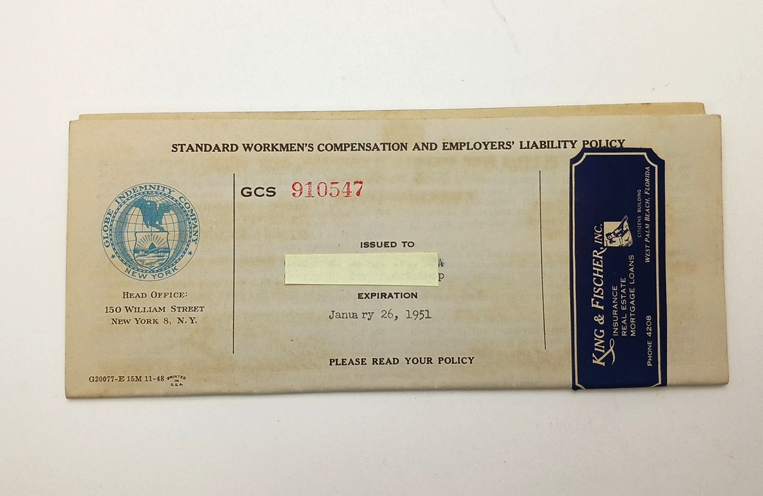 3 Vintage 1950 Business Insurance Policies for Shop on Worth Ave, Palm Beach, FL