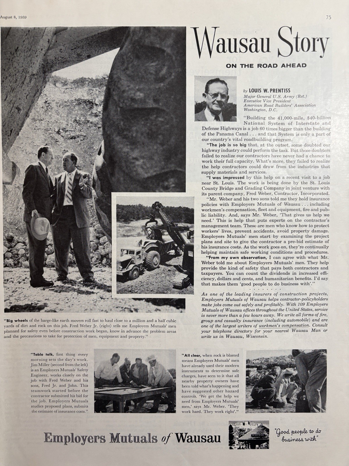 1959 Employers Mutuals Of Wausau Insurance Barge Earth Movers Vintage Print Ad