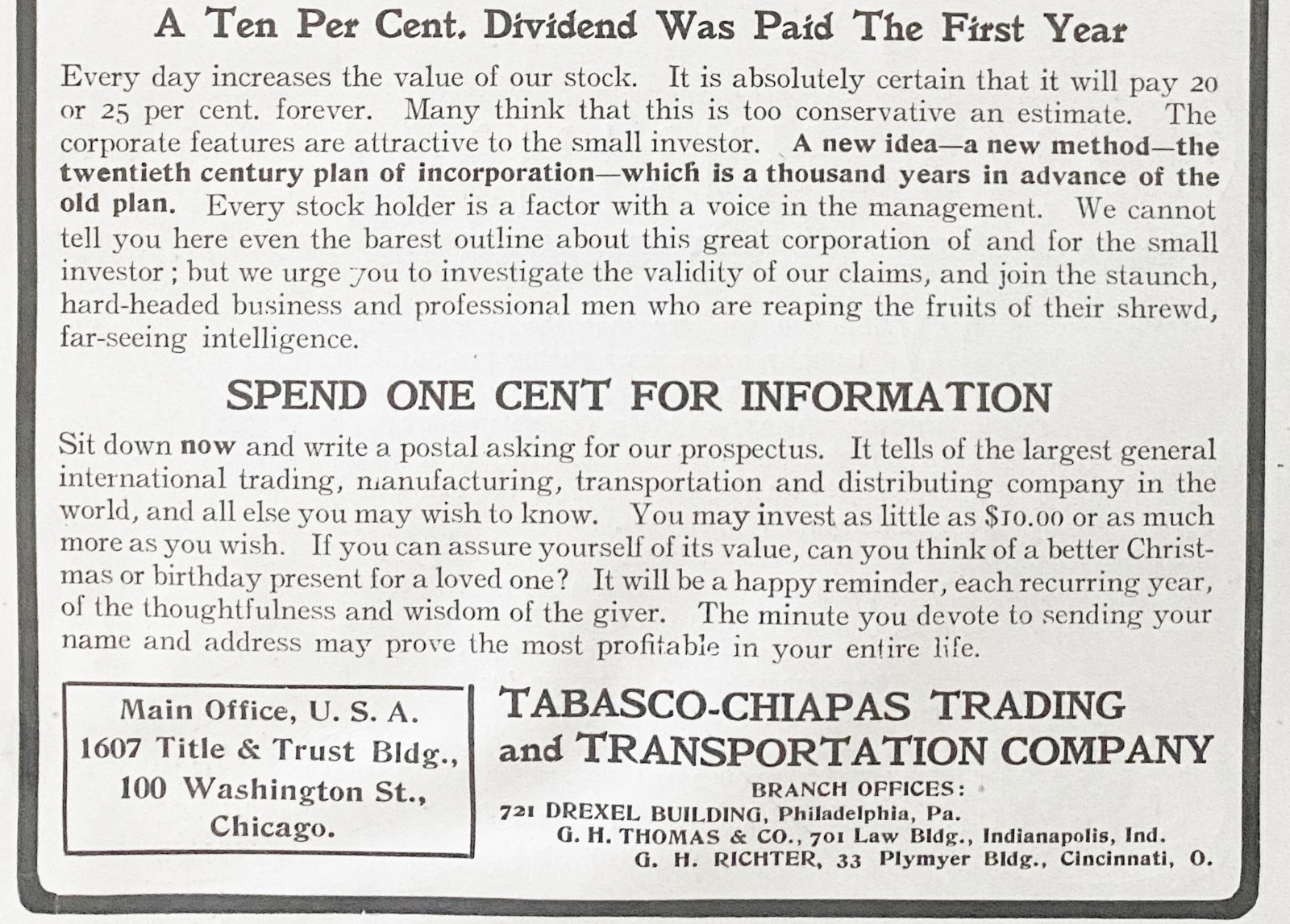 Tabasco-Chiapas Trading&Transportation Co.Original1902 Stock Investment Print Ad