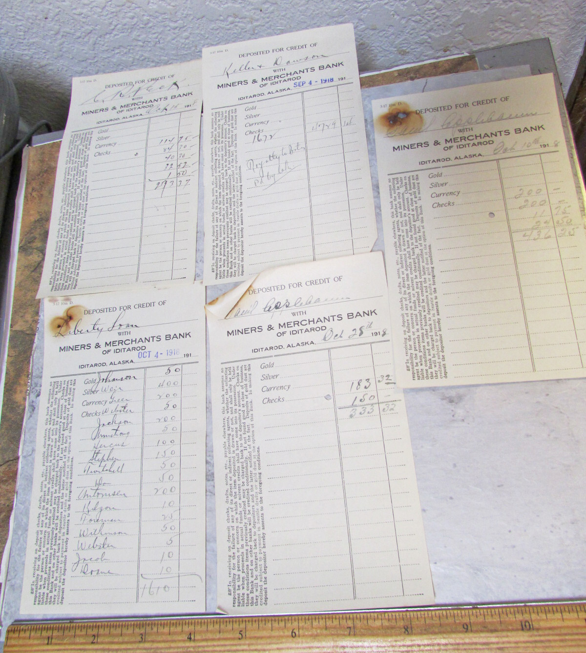 antique 1918 Iditarod ghost town ALASKA Miners & Merchants Bank, 5 deposit slips