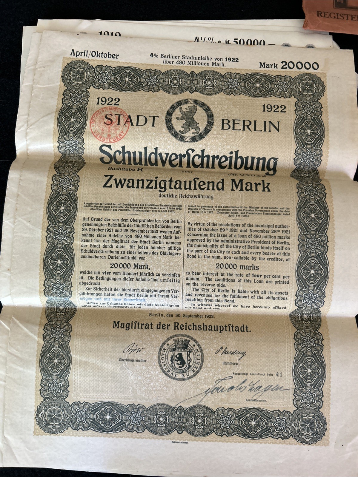 2 Sets Of 5 German War Bonds W Coupons 100,000 – 2,000 Marks 1919-‘26 Original
