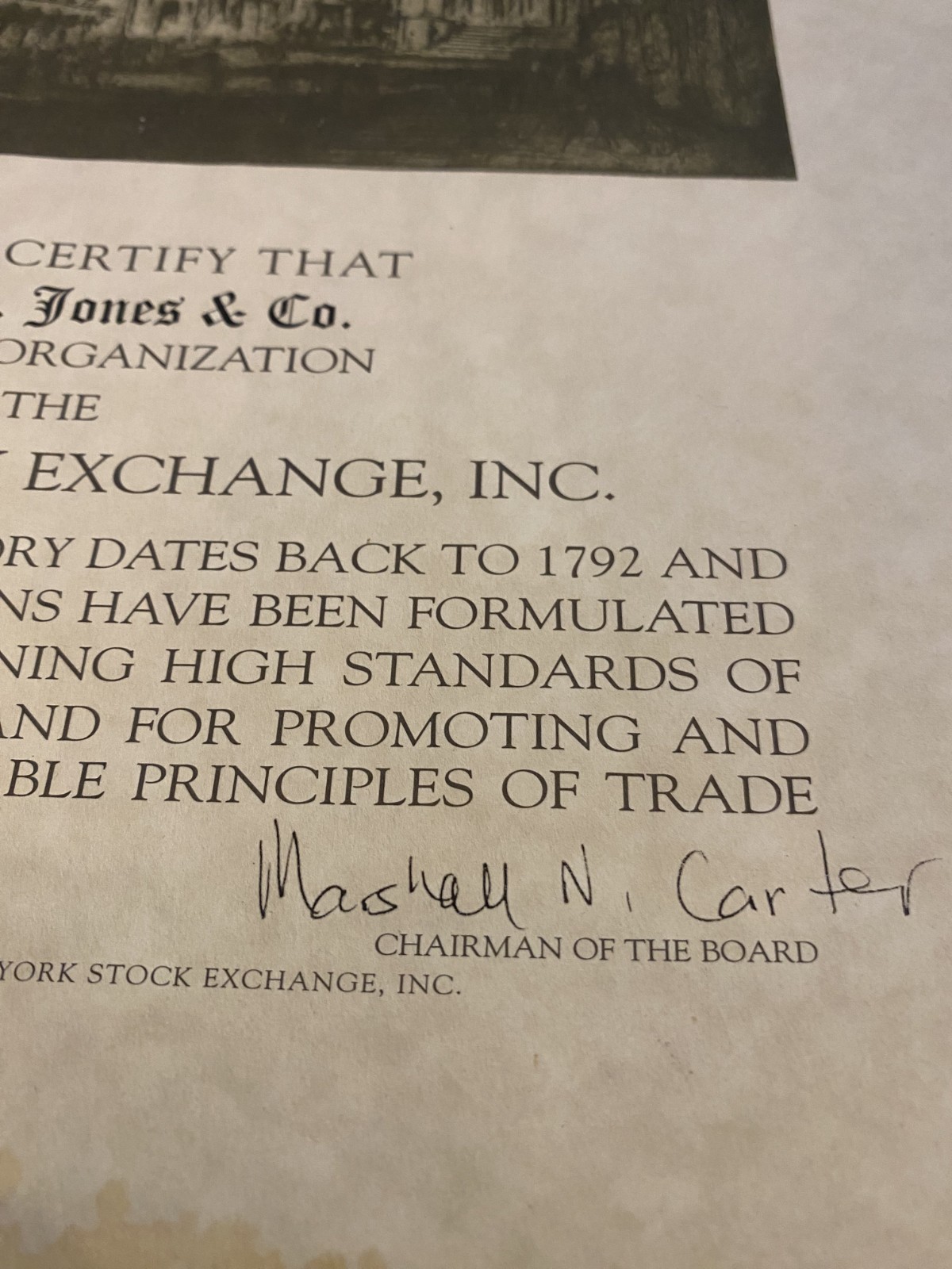 New York Stock Exchange Edward D Jones & Co Member Certificate Etching UnFramed