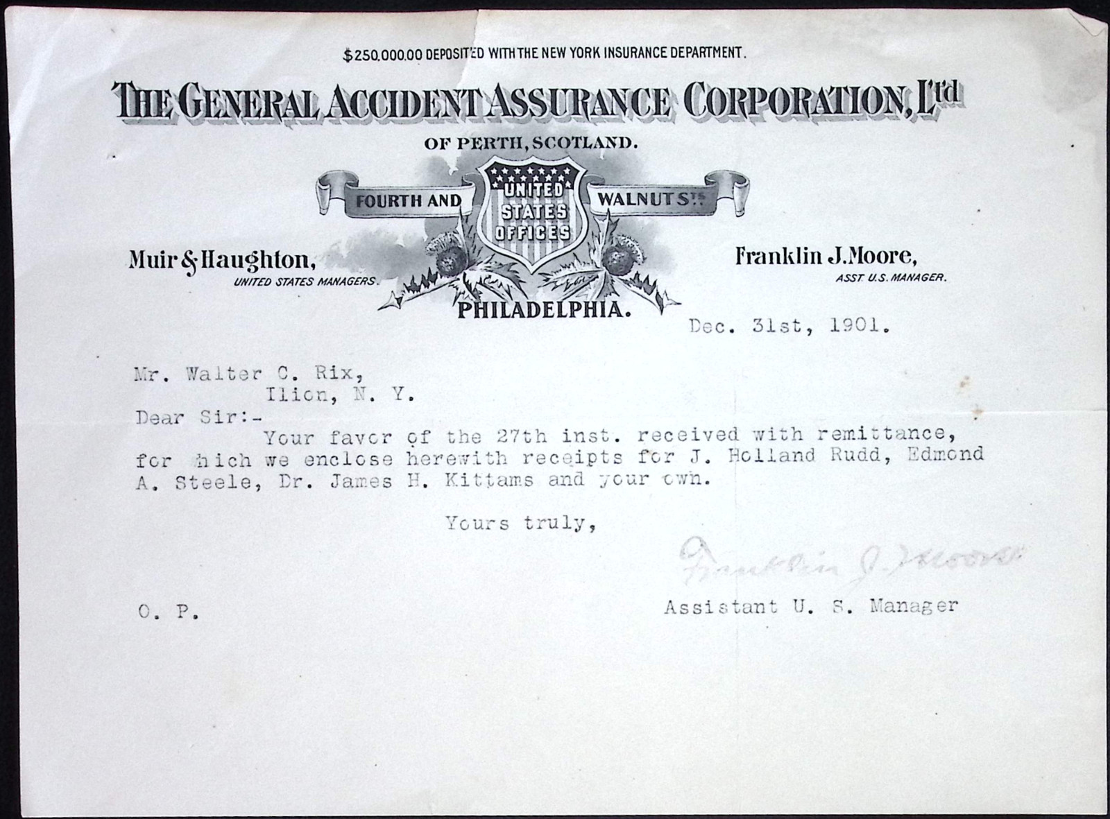 1901 The General Accident Insurance Company of PERTH SCOTLAND PHILADELPHIA K2687