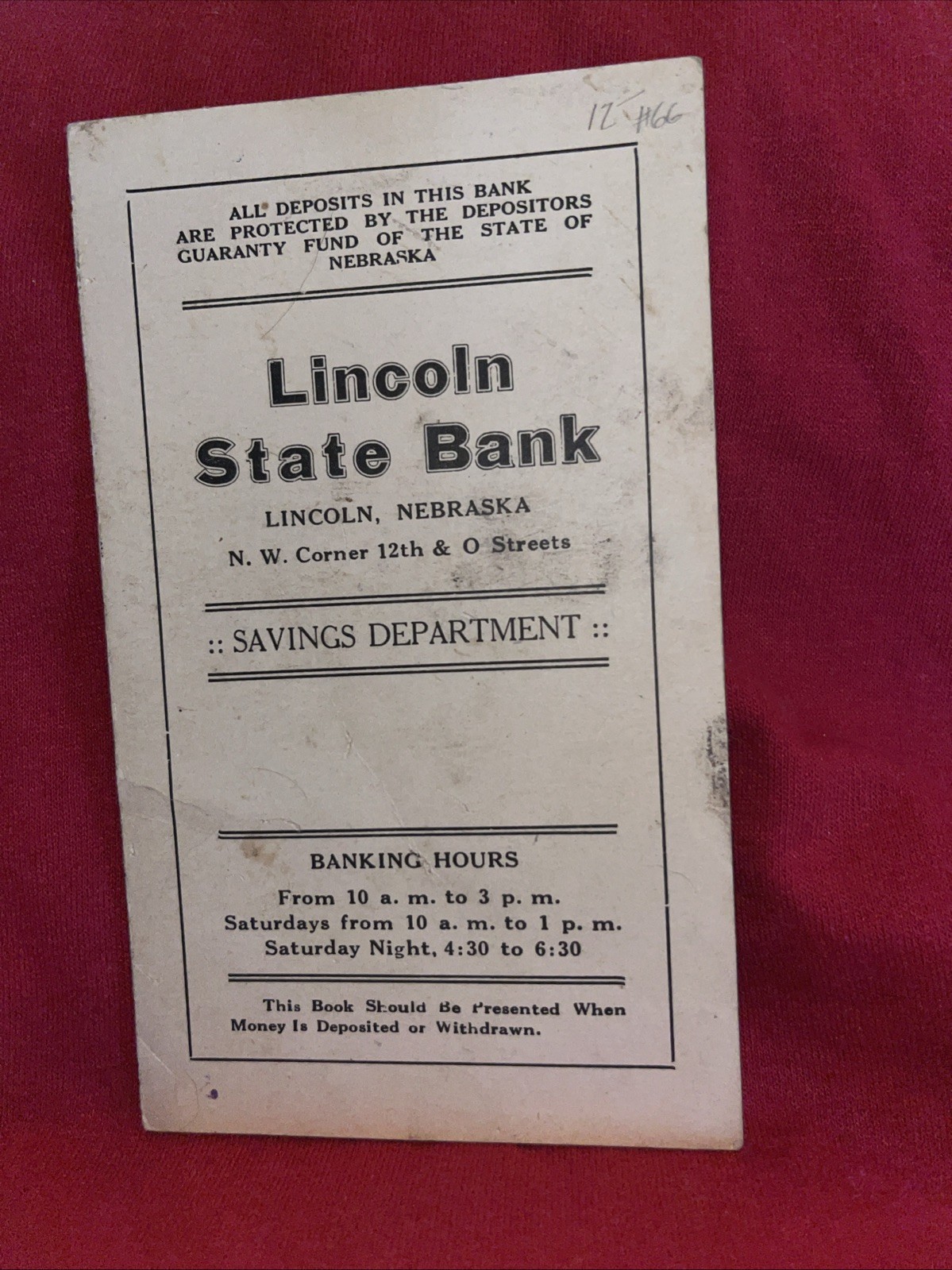 Vtg 1921 Passbook Savings Book From Lincoln State Bank, Lincoln, Nebraska