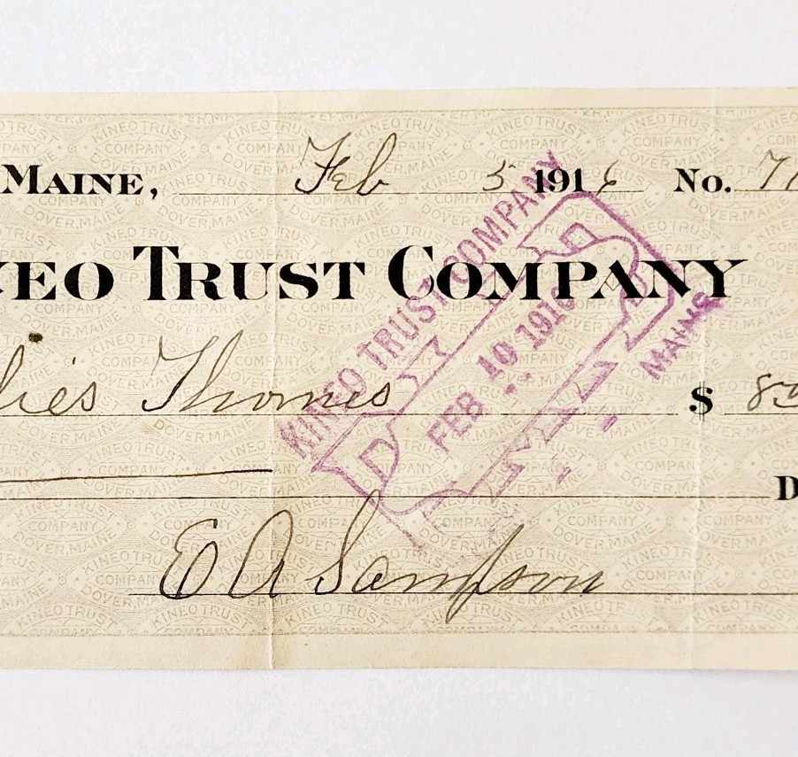 1916 Kineo Trust Company Bank Check E.A. Sampson Dover Maine Signed 7146 CHX4